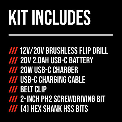 12V/20V Brushless Flip Drill, 20V Kit